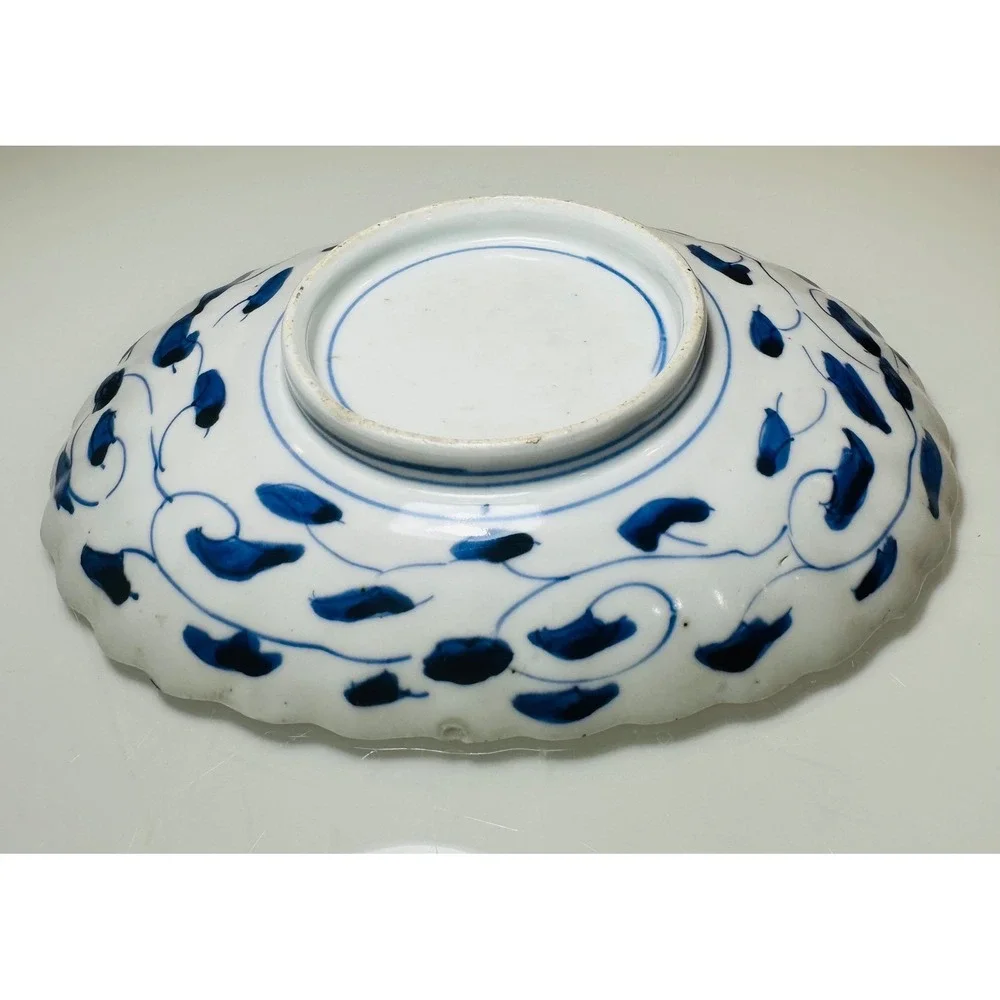 Vintage Japanese Imari Porcelain Oval Scalloped Bowl Floral Blue Red Gold 7.75